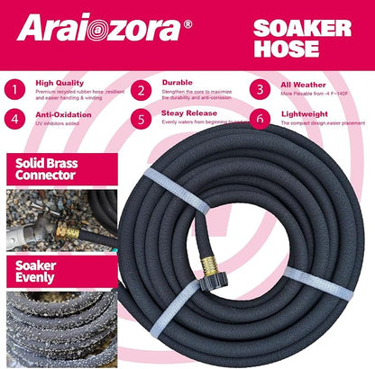 Soaker Hose 50FT 1/2 Inch Premium Soaker Hose with Solid Brass Connectors, for Deep Root Watering in Flower Beds & Landscaping