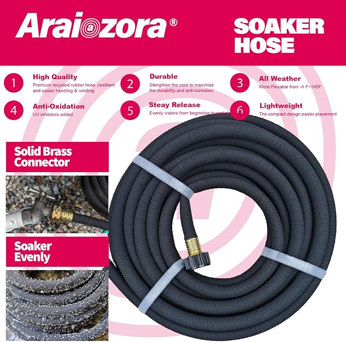 Soaker Hose 25FT 1/2 Inch Premium Soaker Hose with Solid Brass Connectors, for Deep Root Watering in Flower Beds & Landscaping