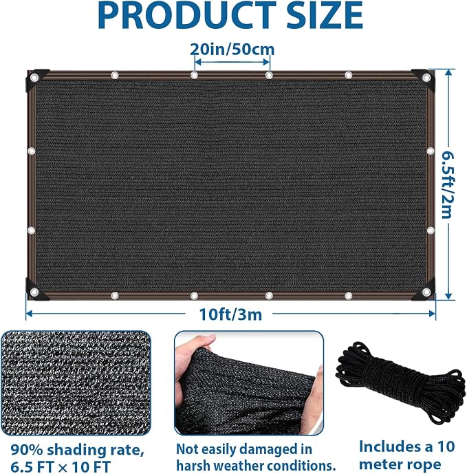 90% Shade Cloth, Chicken Coop Shade Cover, Sturdy Sunblock Mesh Tarp with Grommets for Patio Plants Greenhouse Kennel Porch Pergola Sun Protection Neting Cover, 6.5 x 10 FT