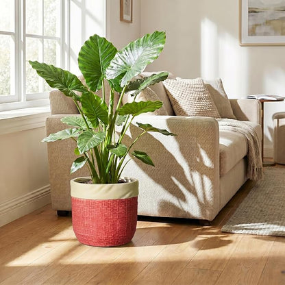 Ceramic Flower Pots, 9.8 Inch Plant Pots, Round Pot for Plants, Red | Boho Plant Pot for Indoor Plants, Decorative Planter with Drainage Hole, Home Apartment Decor, Gardening Gifts for Women