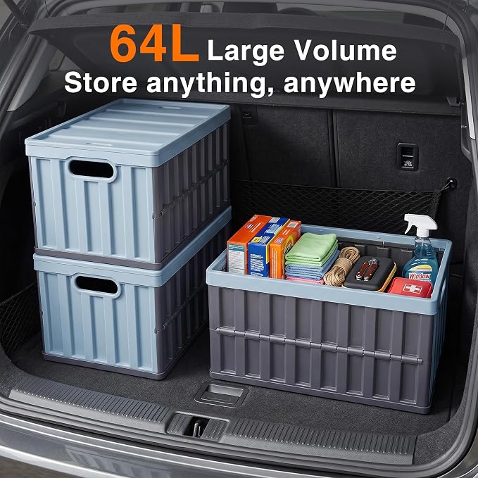 Citylife 64L Collapsible Storage Bins with Lids Plastic Storage Containers for Organizing Stackable Storage Box Large Heavy Duty Utility Crates, 2 Packs