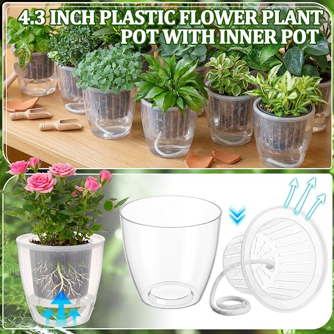 18 Pcs Self Watering Pots 4.3 Inch Plastic Flower Plant Pot with Inner Pot Self Watering Wick Planter White Clear Flower Pots for Indoor House Plants Herbs, Flowers, Succulents (Transparent)