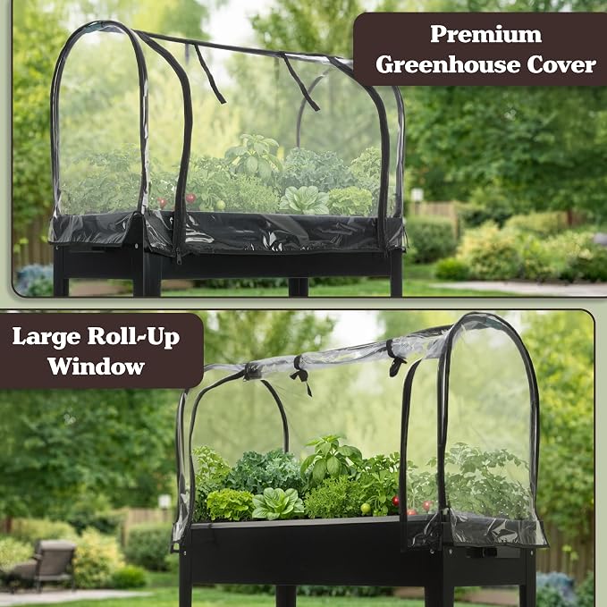 Raised Garden Bed with Cover - 31.5”x15.75”x47.25” Metal Elevated Planter Box with Legs, Greenhouse Cover, Wheels, and Storage Shelf - for Growing Flowers, Vegetables, or Herbs by Pure Garden (Black)