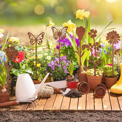 10 Pcs Rusty Metal Flowers and Plants, Rusty Rustic Metal Flowers Signs for Outside Yard Art Gift for Yard Decorative Garden Stakes Potted Plants Walkway and Garden