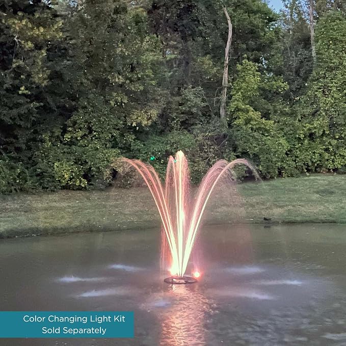 Half Off Ponds 1.5 HP Floating Fountain and Aerator | 12,500 GPH output, 11 spray patterns, White LED lights, 200 ft heavy-duty cord, Energy-efficient
