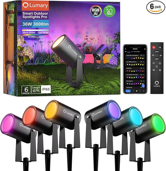 Lumary Smart Landscape Lights Pro 500LM, 6 Pack Color Changing Landscape Spotlights IP65 Waterproof, RGBAICW Low Voltage Outdoor Lights for Garden Yard and Pathway, APP/Remote/Voice Control, 65FT | RGBAICW color changing, 2200K-6500K white, IP65 outdoo...