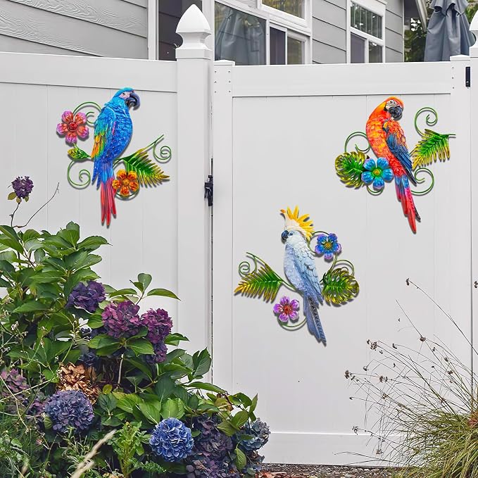 Metal Parrots Wall Decor Outdoor Hanging Sculptures Decor for Yard Garden | J-Fly Patio Garden Decoration Gifts Outdoor Bird Wall Decor-12 Inches Parrot Large Hanging Wall Decor 3 Pack