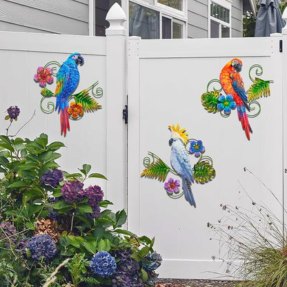 Metal Parrots Wall Decor Outdoor Hanging Sculptures Decor for Yard Garden | J-Fly Patio Garden Decoration Gifts Outdoor Bird Wall Decor-12 Inches Parrot Large Hanging Wall Decor 3 Pack