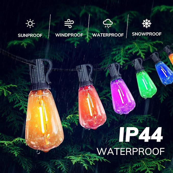 Achin 50FT Outdoor String Lights Multicolor Patio Lights Waterproof with 25+2 LED ST38 Colored Bulbs Shatterproof, Colorful String Lights for Christmas, Party, Holiday