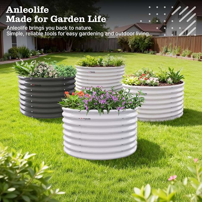 A ANLEOLIFE 2-Pack 3ft x 24” Tall Galvanized Raised Garden Beds Outdoor, Round Metal Planter Box for Planting Vegetables Flowers Herb, Anti-Rust & Easy-Setup, Antique White