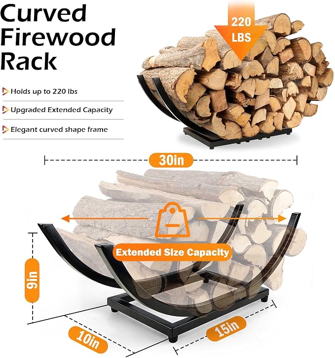 Curved Firewood Rack Holder Outdoor: 30 Inch Heavy-Duty Firewood Rack, Indoor/Outdoor Fireplace Log Holder - Rust-Resistant, Portable & Tool-Free Assembly