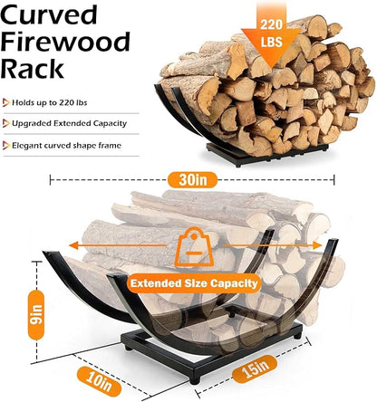 Curved Firewood Rack Holder Outdoor: 30 Inch Heavy-Duty Firewood Rack, Indoor/Outdoor Fireplace Log Holder - Rust-Resistant, Portable & Tool-Free Assembly