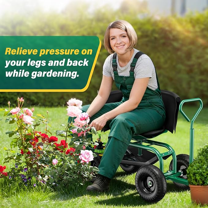 Baotree Garden Seat with Wheels, Rolling Garden Stool with Adjustable 360°Swivel Seat, Storage Basket & Extendable Handle, Outdoor Gardening Scooter, Garden Cart Workseat Stools for Seniors