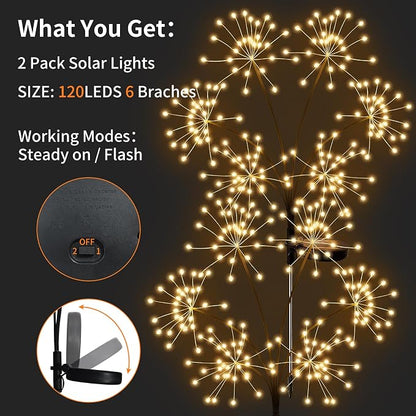 JJGoo 2 Pack Solar Garden Lights Outdoor Waterproof, New Upgraded 6 Branches Firework Starburst Lights with 2 Modes, Solar Fairy Lights for Yard Garden Patio Pathway Party Decor - Warm White