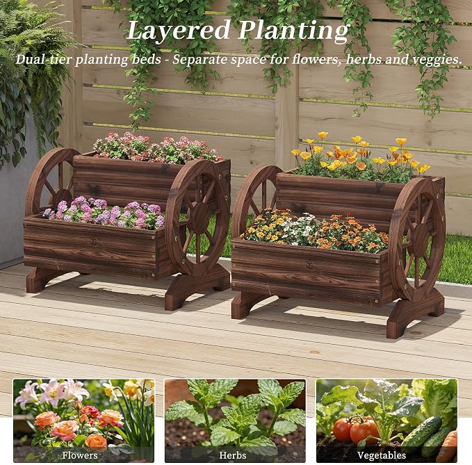 Kitsanery Wooden Planter Box,Planters for Outdoor Plants, Flower Cart for Patio Garden Balcony, Backyard Decor Garden Planters with Wheels for Flowers,Vegetables (Carbonised Colour (Dark Brown))