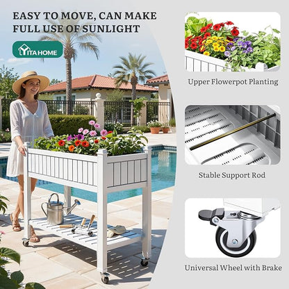 YITAHOME 3.6x1.5x2.8 FT Elevated Garden Bed Kit with Legs and Wheels, Outdoor Large Resin Planter Box Stand with Drain Plug and Storage Shelf for Plants Vegetables Fruits, Grayish-White
