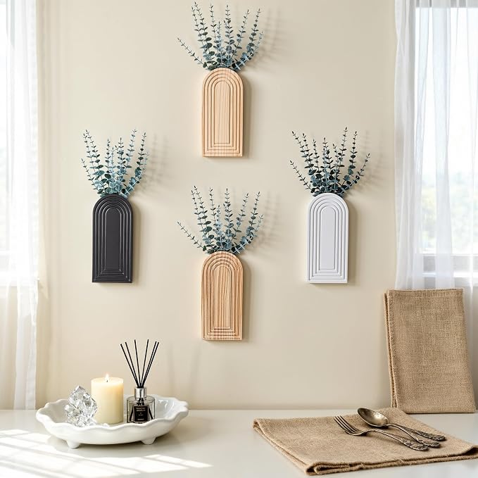 DREAMLOOM 2 Pack Wooden Wall Vases with Eucalyptus Artificial Plants, Wall Hanging Planters Boho Modern Farmhouse Indoor for Narrow Spaces Entryway Bathroom Home Office Decoration, Black
