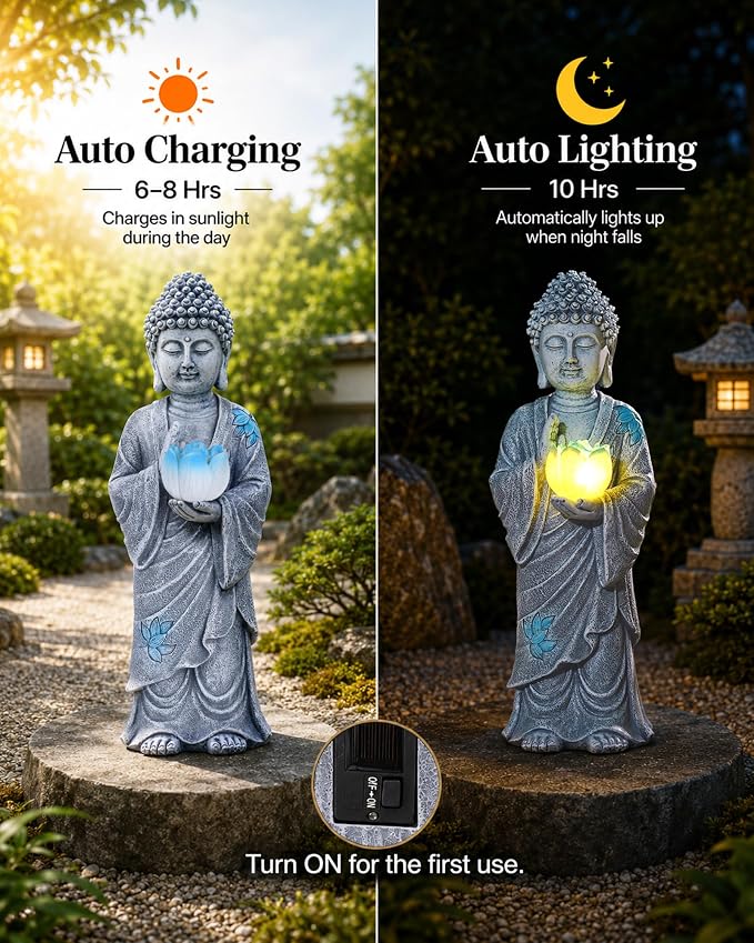 Nacome Solar Buddha Garden Statue Decor: Standing Resin Figurine with Lotus Flower Light Zen Sculpture for Patio Lawn Yard Porch Balcony Meditation Space - 11 inches(Gray)
