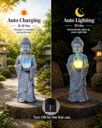 Nacome Solar Buddha Garden Statue Decor: Standing Resin Figurine with Lotus Flower Light Zen Sculpture for Patio Lawn Yard Porch Balcony Meditation Space - 11 inches(Gray)