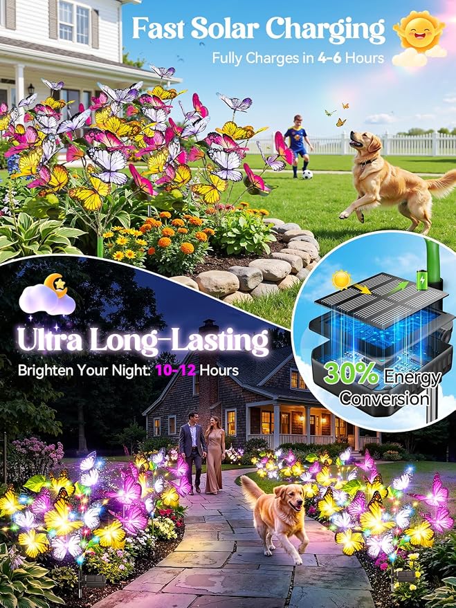 Solar Lights Outdoor, 3 Pack Solar Garden Lights with 111 Colorful LEDs & 51 Realistic Silk Butterflies, IP65 Waterproof Outdoor Solar Light for Yard Patio Garden Decor, Gifts for Mom Grandma