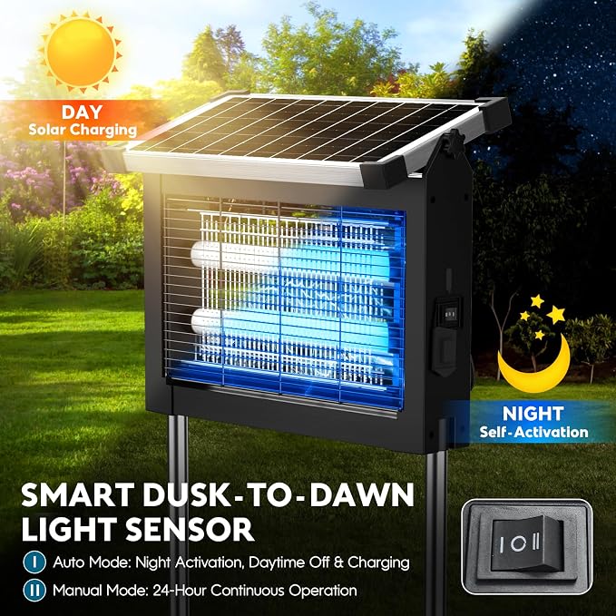 Solar Bug Zapper Outdoor, Mosquito Zapper 4500V Cordless Waterproof, Auto On/Off, Portable Type-C & Solar Powered Bug Zapper, Electric Mosquito Trap Fly Zapper Killer for Patio Garage Yard Camping