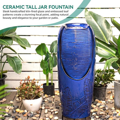 Autodaya 33" H Ceramic Jar Outdoor Water Fountain with Lights, Cobalt Blue | Natural Charm Water Feature with 3D Tropical Leaf Pattern, Soothing Cascading Waterfall for Peaceful Garden Patio Yard Porch