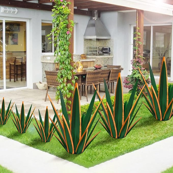 KODIBO Large Tequila Rustic Sculpture, Rustic Metal Plants for Outdoor Patio Yard, Home Decor Hand Painted Agave Garden Statue, Outdoor Lawn Ornaments Yard Stakes (Dark Green - L)