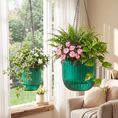 Maxcheck 2 Pcs Self Watering Hanging Planters Indoor Gift 6.5'' 4.5'' Hanging Flower Pots Baskets Outdoor Emerald Self Watering Plant with 2 Hooks Drainage Holes for Home