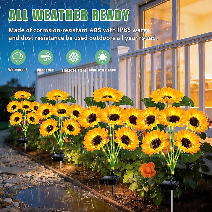 Solar Lights Outdoor Garden Decor,4 Pack with 24 Sunflower Lights,Solar Flowers Lights Waterproof,Birthday Gifts for Mom Women Grandma,Outside Decorative Stakes Light for Landscape Yard Patio Lawn