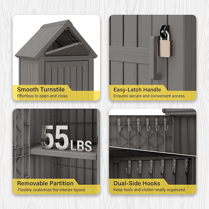 Bifanuo Deck Box Storage Shed Outdoor Storage Cabinet, Vertical Waterproof Resin Material Plastic Shed with Removable Shelves, 12 Hooks and Lock Ring for Garden, Pool and Patio (Classic Grey)