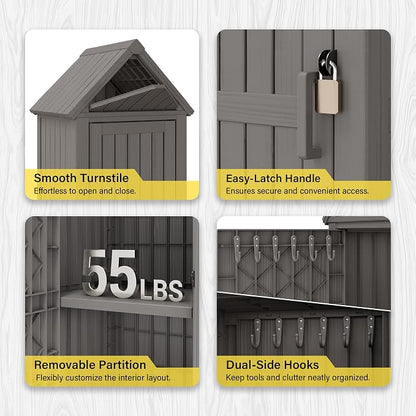 Bifanuo Deck Box Storage Shed Outdoor Storage Cabinet, Vertical Waterproof Resin Material Plastic Shed with Removable Shelves, 12 Hooks and Lock Ring for Garden, Pool and Patio (Classic Grey)