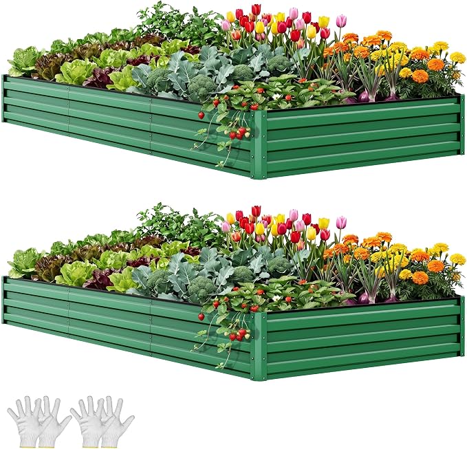 YITAHOME 8x4x1ft 2pcs Large Raised Garden Bed Kit, Galvanized Metal Planter Box with Gloves, Ground Nails & Safety Rubber, Outdoor Above Ground Planters for Plants Vegetables Flowers, Green
