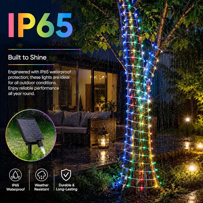 Vigdur 33FT Solar Rope Lights Outdoor - 100 LEDs 18 Color Changing LED Rope Lights Waterproof with Remote & Timer & 8 Lighting Modes, Outdoor Trampoline Lights for Xmas Garden Fence Tree Party