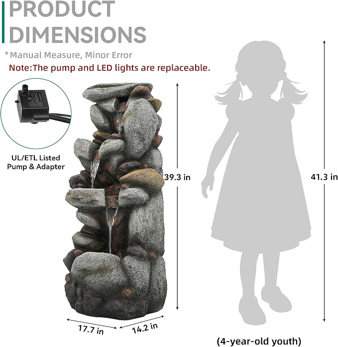Utym 40" H Oversized Pebbles Rock Outdoor Fountain with Warm LED Lights | 3-Tier Extra-Large Stacked Pebbles River Waterfall with Cascading Water Feature for Garden Patio Yard and Backyard