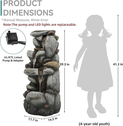 Utym 40" H Oversized Pebbles Rock Outdoor Fountain with Warm LED Lights | 3-Tier Extra-Large Stacked Pebbles River Waterfall with Cascading Water Feature for Garden Patio Yard and Backyard