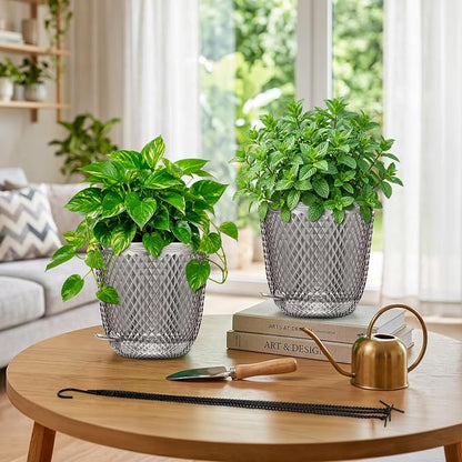 QCQHDU 7.2 Inch 2 Pack Hanging Planters for Indoor Outdoor Plants,Self Watering Flower Pots Hanging Basket,Plastic Plant Hanger with Drainage Holes and 3 Hooks for Window Porch Garden Balcony, (Grey)