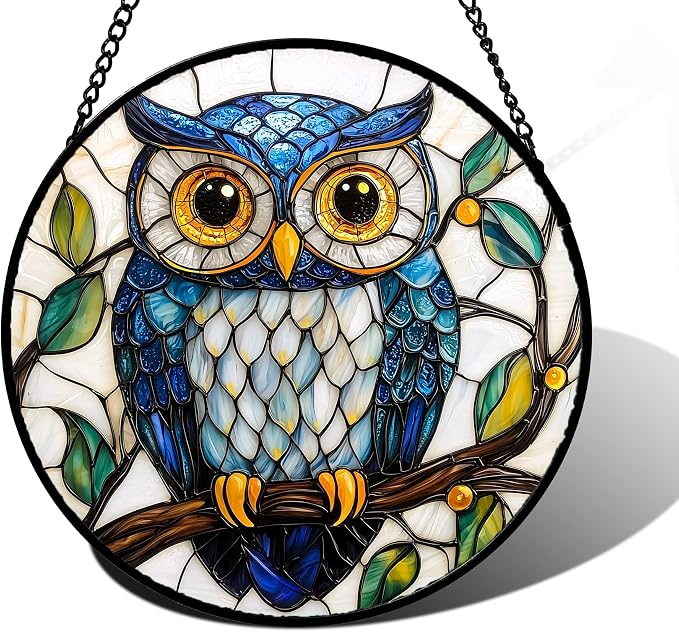 DASTOLL Stained Glass Window Hanging, Owl Gifts for Women Sun Catchers Diamond Glass Panel Hangings Birds Suncatcher Decor for Birthday for Women, Men, Wife, Aunt,and Mom 7.8X7.8IN
