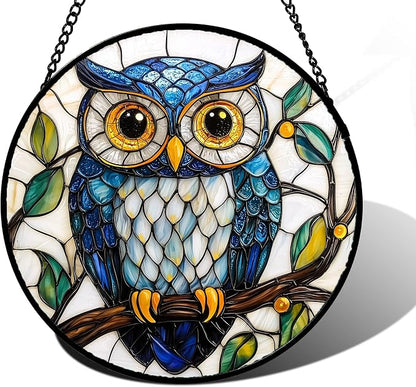 DASTOLL Stained Glass Window Hanging, Owl Gifts for Women Sun Catchers Diamond Glass Panel Hangings Birds Suncatcher Decor for Birthday for Women, Men, Wife, Aunt,and Mom 7.8X7.8IN