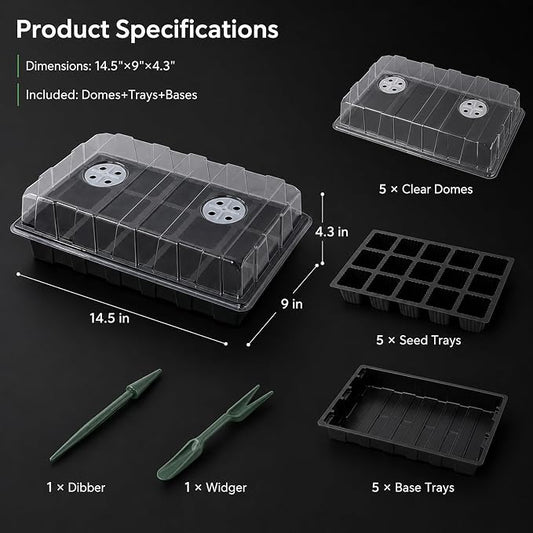 Gardzen 5-Pack Seed Starter Kits, Reusable Plant Germination Trays with Total 75-Cell, Seed Starter Tray with Humidity Vented Domes and Bases for Starting Vegetable Flower Herb Seeds 15" x 9", Black