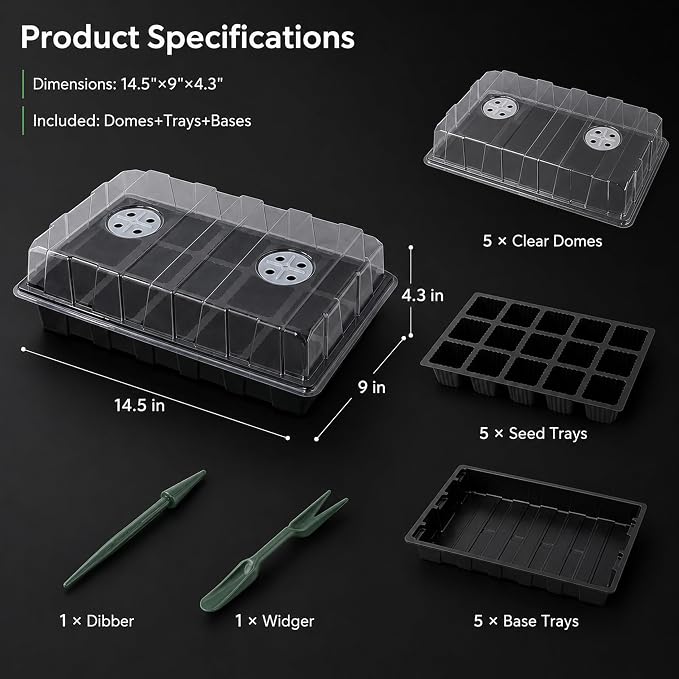 Gardzen 10-Pack Seed Starter Kits, Reusable Plant Germination Trays with Total 150-Cell, Seed Starter Tray with Humidity Vented Domes and Bases for Starting Vegetable Flower Herb Seeds 15" x 9", Black