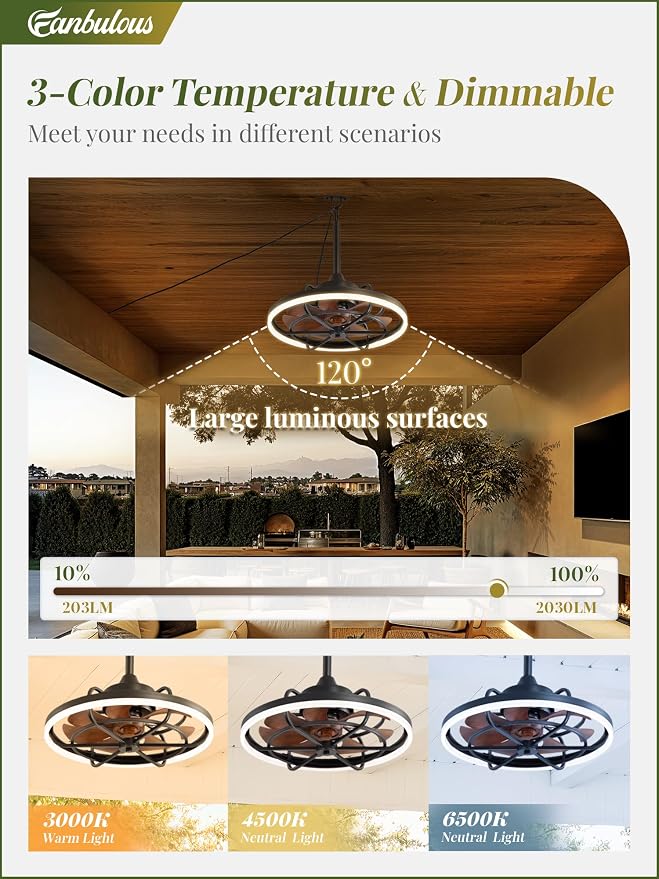 Fanbulous Outdoor Ceiling Fans with Light for Patios, 20" Weatherproof Plug in Ceiling Fan, Gazebo Fan Remote&APP Control, 3CCT Dimmable,Caged Ceiling Fan with Hanging Hook for Porch, Pergola,Canopy