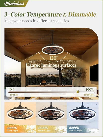 Fanbulous Outdoor Ceiling Fans with Light for Patios, 20" Weatherproof Plug in Ceiling Fan, Gazebo Fan Remote&APP Control, 3CCT Dimmable,Caged Ceiling Fan with Hanging Hook for Porch, Pergola,Canopy
