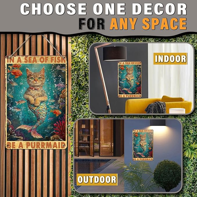 Mermaid Cat Vintage Tin Sign in A Sea of Fish Be A Purrmaid Metal Tin Sign for Coffee Home Decor Sign 12x8inch
