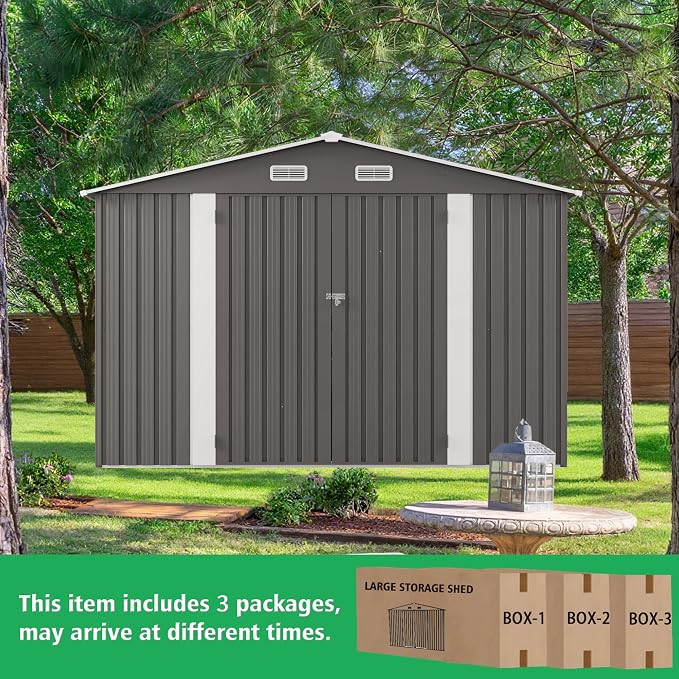 10x12FT Outdoor Storage Shed,Waterproof Large Metal Garden Shed with Double Door and Two Translucent Windows,Vents,Tool Shed for Backyard Patio Lawn Poolside,Gray