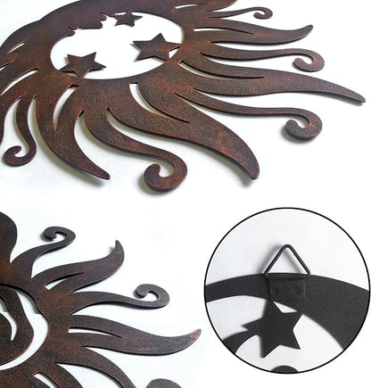 Limygus Set of 3 Rust Colored Sun Moon Metal Wall Art, Rust Proof Indoor Outdoor Farmhouse Patio Bedroom Decor