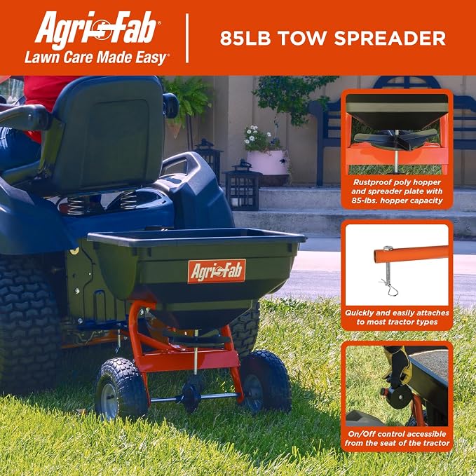 Agri-Fab Tow Behind Broadcast Spreader for Seed and Fertilizer, 85 lb Poly Hopper Capacity with Cable Flow Control, Made in USA