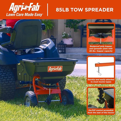 Agri-Fab Tow Behind Broadcast Spreader for Seed and Fertilizer, 85 lb Poly Hopper Capacity with Cable Flow Control, Made in USA
