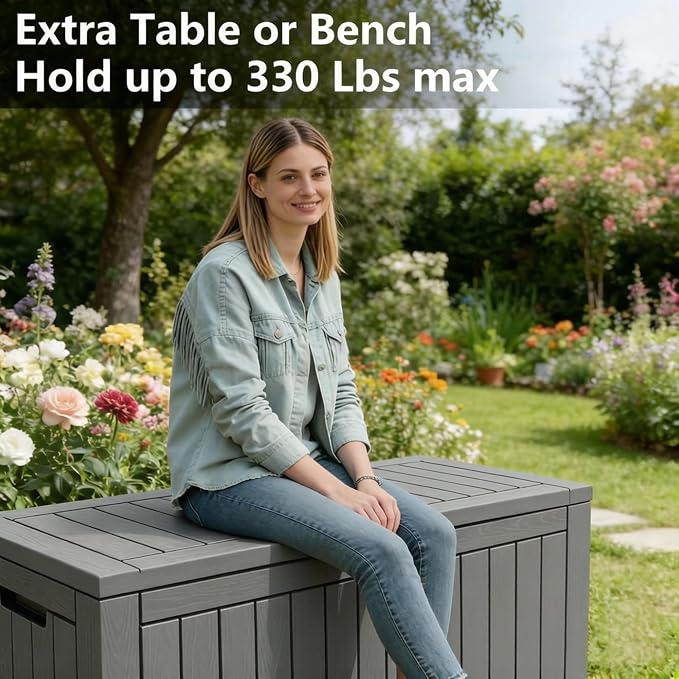 Outdoor Storage Box, 120 Gallon Resin Deck Boxes Outdoor Waterproof For Patio Furniture, Garden Tools, Pool Supplies, Lockable And UV Resistant (Striped Gray)