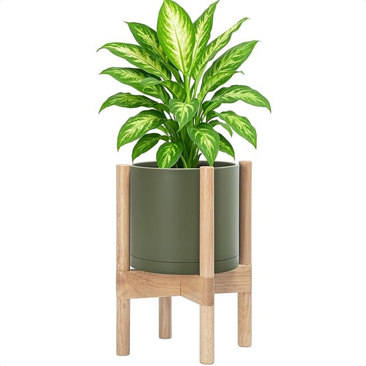 D'vine Dev Plastic Pot with Natural Wood Stand, Olive, 8 in, 55-C-J-3 | Mid-Century Inspired Design, Elevated Plant Display, Clean Lines, Sturdy Support, Modern Space-Saving Style
