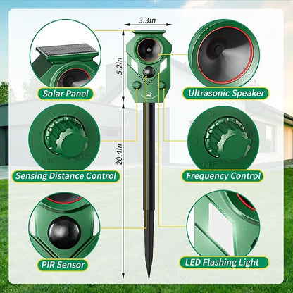 Solar-Powered Ultrasonic Animal Repellent with Motion Sensor, Perfect for Outdoor Yards, Deer Repellent Device with LED Flashing Lights, Effective to Repel Deer, Coyotes, Raccoons, and Cats